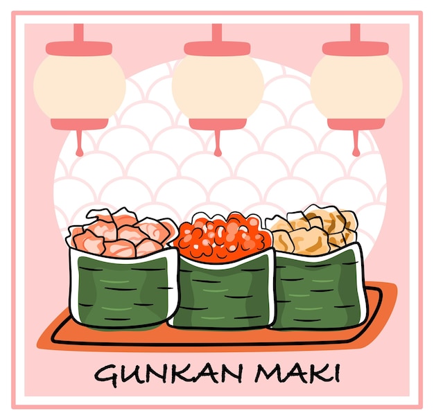 Juego de sushi Gunkan, rollos maki con gambas, huevas de salmón y anguila. Ilustración de vector de menú japonés.