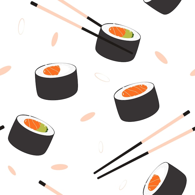 Vector juego de sushi con palillos. patrón con ilustración de sushi y rollos. comida asiática.