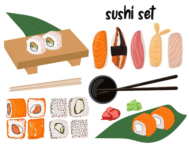 Juego de sushi y panecillos y artículos para servir Cocina tradicional japonesa con mariscos frescos