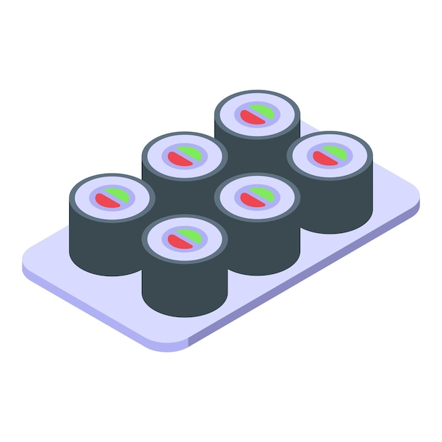El juego de sushi de pie en un plato icono isométrico