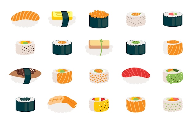 Juego de sushi y rollos de dibujos animados Ícono de comida japonesa tradicional Cocina deliciosa de Japón con pescado fresco