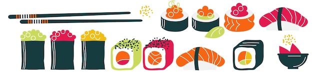 El juego de sushi y rollos está dibujado a mano al estilo del minimalismo.