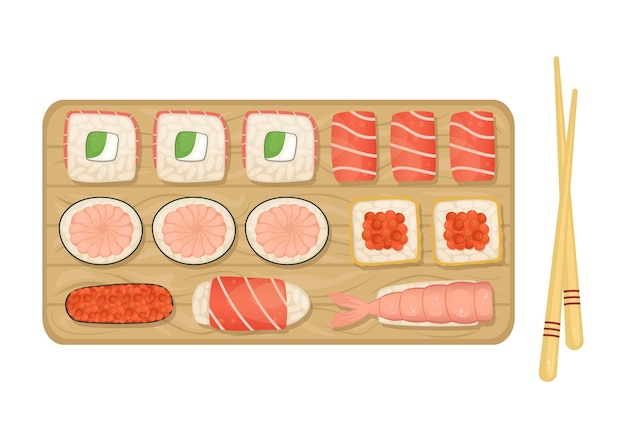 Juego de sushi y rollos sobre una tabla de madera. Comida japonesa.
