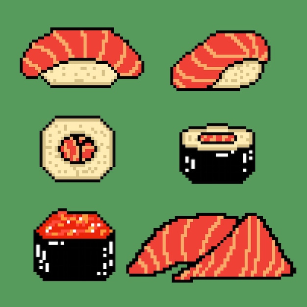 Vector juego de sushi de salmón 1 en estilo pixel art.