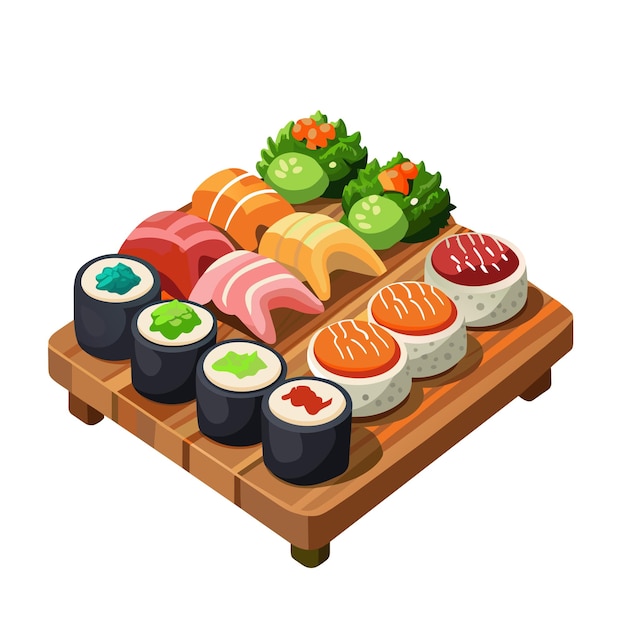 Vector juego de sushi y sashimi mariscos asiáticos sushi salsa de soja con trucha pescado salmón y caviar
