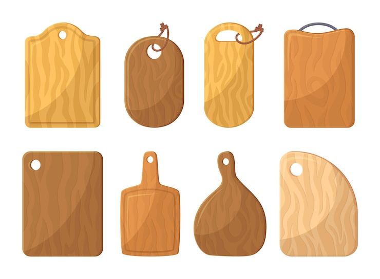 Vector el juego de tablas de cortar de madera cuenta con una superficie bellamente elaborada con un patrón intrincado de granos.