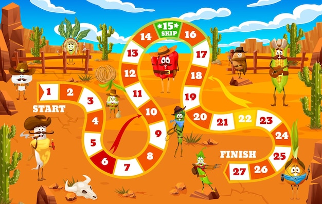 Juego de tablero para niños de step cartoon cowboy sheriff y ladrón personajes vegetales hoja de trabajo vectorial corn cowboy patata ranger y pimienta con sheriff de setas en Western juego de carreras de dados de inicio y finalización