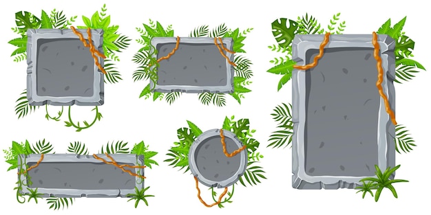 Juego de tableros de piedra. Elementos de banner de piedra para juegos y web en estilo de dibujos animados.
