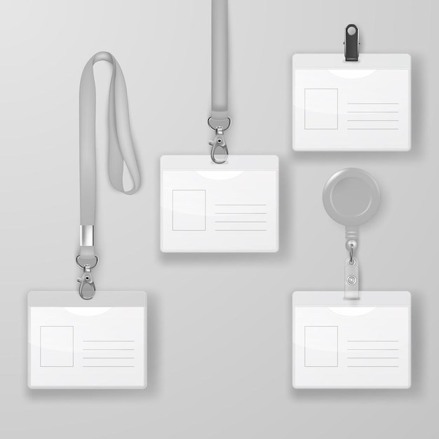 Vector juego de tarjeta de identificación gráfica de oficina en blanco realista con soporte de cierre gris clip lanyard set aislado