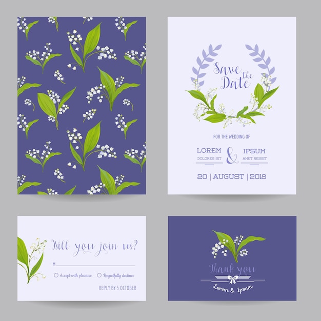 Juego de tarjetas de boda Save the Date con flores de lirio en flor