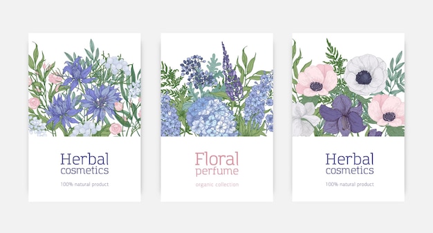 Juego de tarjetas para cosméticos a base de hierbas y publicidad de perfumes florales naturales decorados con flores azules, rosas y púrpuras.