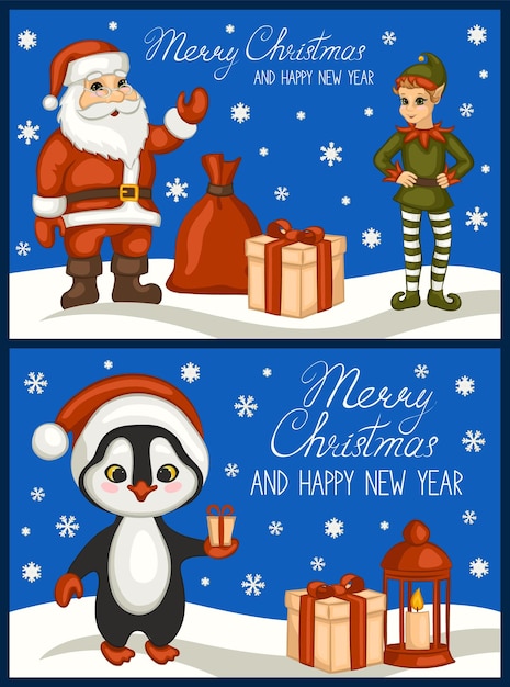 Juego de tarjetas de felicitación de feliz navidad y feliz año nuevo. papá noel, duende, pingüino en la nieve.