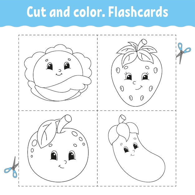 Juego de tarjetas flash de corte y color Libro para colorear para niños Tema de alimentos Personaje de dibujos animados lindo Silueta de contorno negro