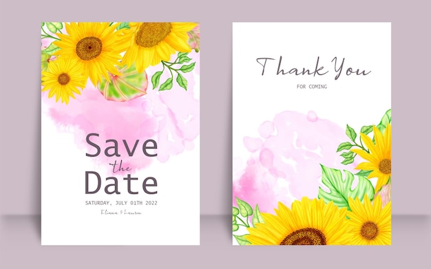 Juego de tarjetas de invitación de boda dibujadas a mano con girasol acuarela