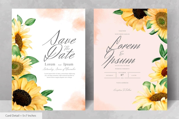 Juego de tarjetas de invitación de boda con girasol acuarela