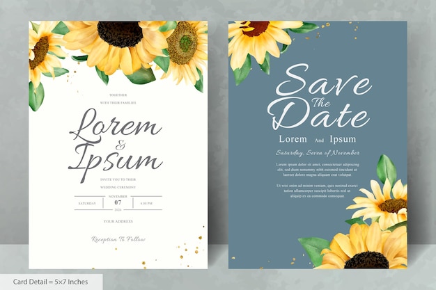 Vector juego de tarjetas de invitación de boda con girasoles de acuarela