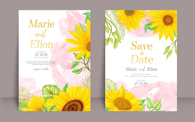 Juego de tarjetas de invitación de boda con girasoles de acuarela