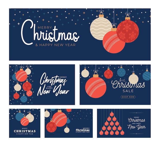 Juego de tarjetas de navidad de cricket. feliz navidad deporte tarjeta de felicitación plana. cuelgue de una bola de cricket de hilo como bola de navidad y adorno de color sobre fondo azul. colección de ilustraciones vectoriales deportivas.