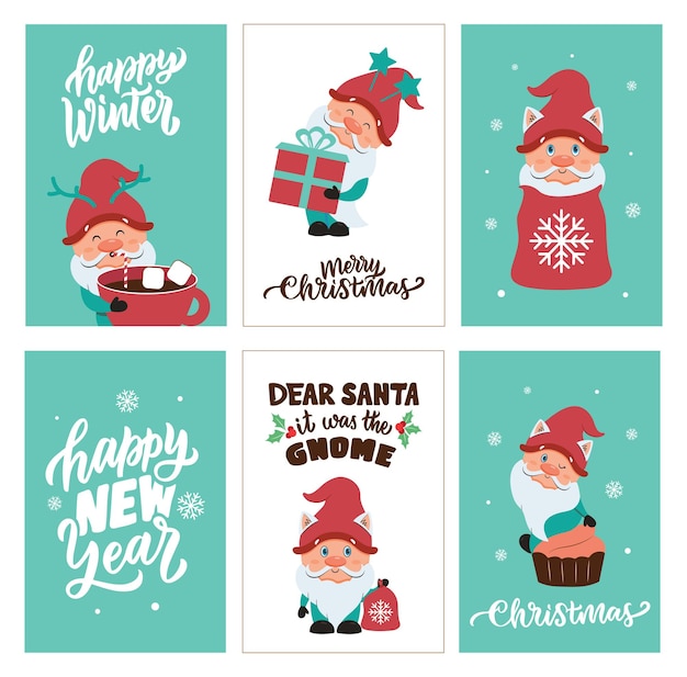 El juego de tarjetas de Navidad y feliz año nuevo con gnomos de invierno con texto es bueno para las vacaciones