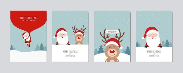 juego de tarjetas de Navidad Feliz Navidad saludo lindo santa nariz roja renos dibujos animados vector