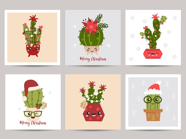 Vector juego de tarjetas navideñas con cactus. perfecto para el dormitorio de los niños, la decoración de la guardería, los carteles y la decoración de la pared.