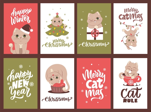 El juego de tarjetas navideñas con gatos y citas sobre Feliz año nuevo El diseño para diseños navideños