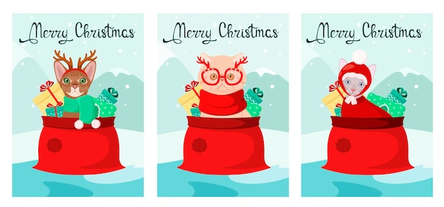 Un juego de tarjetas navideñas con gatos divertidos. Mascotas con regalos. Diseño de dibujos animados.