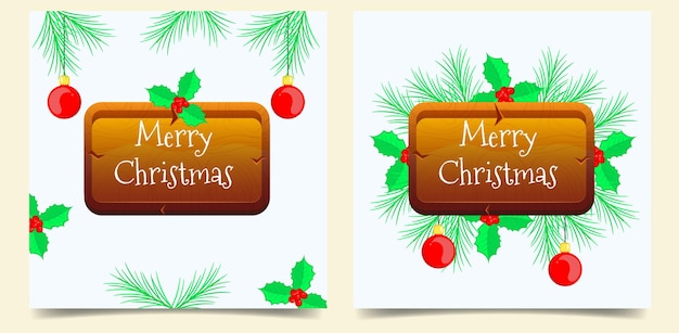 Juego de tarjetas navideñas con letrero de madera, muérdago, ramas de abeto y bolas navideñas.