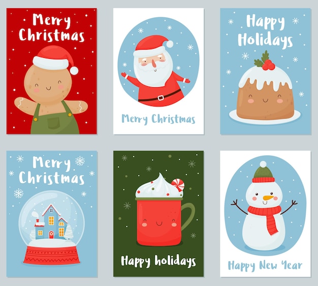 Juego de tarjetas navideñas de Navidad y año nuevo con divertidos personajes navideños.