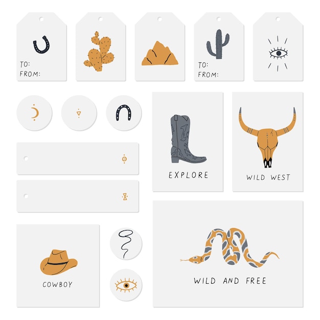 Juego de tarjetas, notas, pegatinas, etiquetas, sellos, etiquetas, con, salvaje, oeste, búfalo, cráneo, ojo, montañas, c