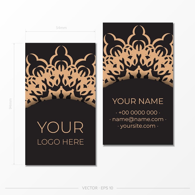 Un juego de tarjetas de presentación en color negro con adornos griegos. Diseño de tarjeta de visita listo para imprimir con patrones vintage.