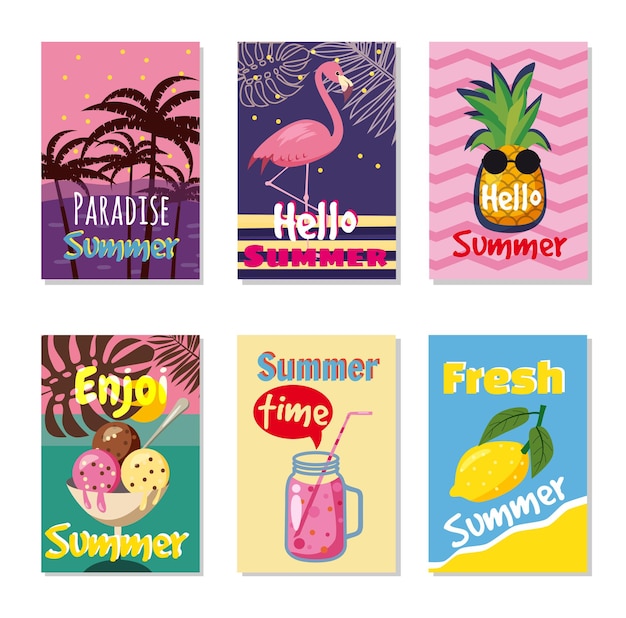 Juego de tarjetas de verano brillante. hermosos carteles de verano