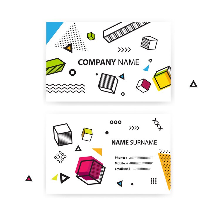 Vector juego de tarjetas de visita. fondo geométrico del arte pop con elementos gráficos coloridos.