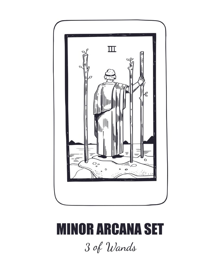 Vector juego de tarot vector dibujado a mano arcanos menores 3 de varitas