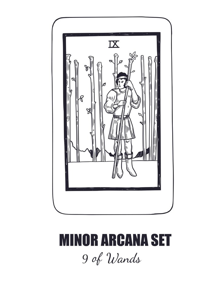 Vector juego de tarot vector dibujado a mano arcanos menores 9 de bastos