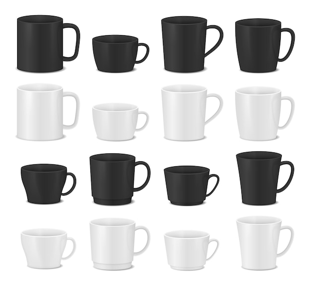 Vector juego de tazas blancas y negras. tazas de café realistas.