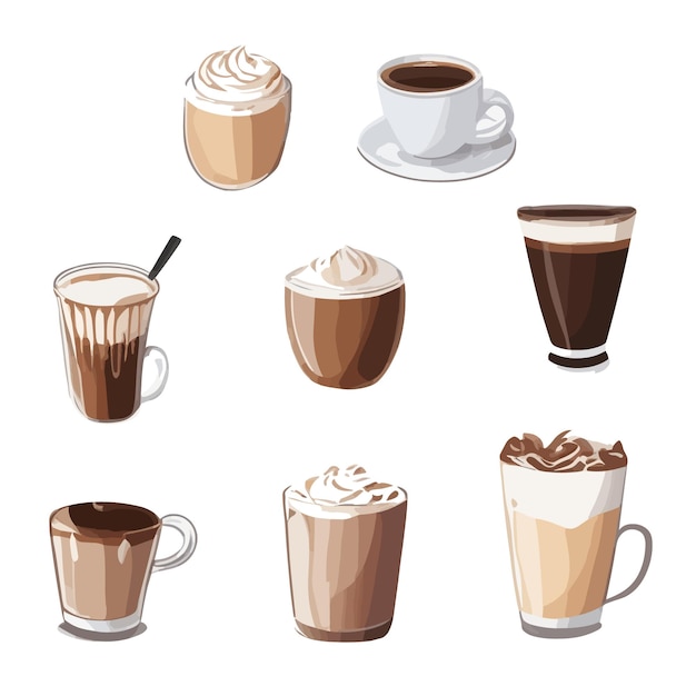 Vector juego de tazas de café con diferentes colores y varios tipos de vectores.