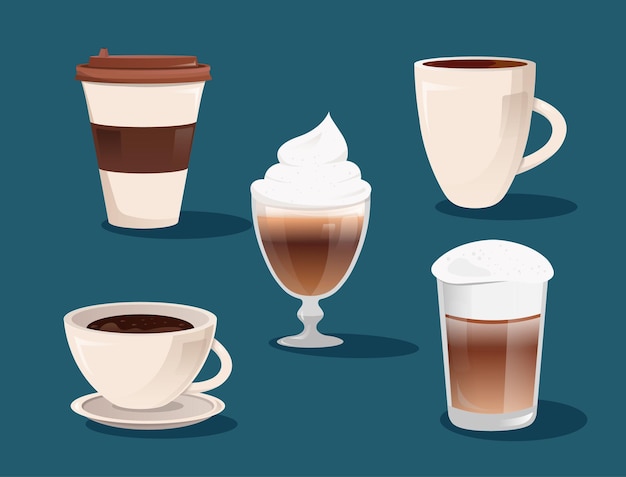 Vector juego con tazas de café en estilo plano tazas de café y vasos con café para menús y cafeterías