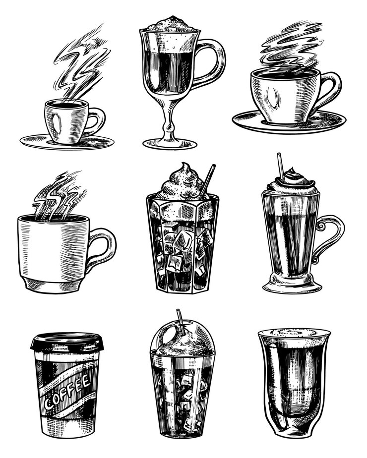 Vector juego de tazas de café en estilo vintage quitar cappuccino y glace espresso y latte mocha y americano frappe en un vaso dibujo retro grabado a mano