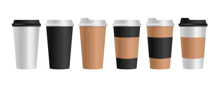 Vector juego de tazas de café de papel sobre fondo blanco colección plantilla de vector de maqueta de taza de café 3d