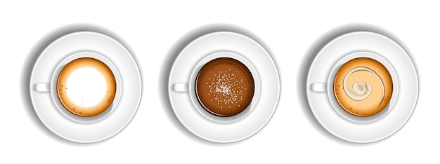 juego de tazas de café realistas con leche aislada o taza de café en una cafetería con capuchino