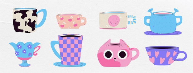 Vector un juego de tazas de cerámica y un estilo groovy con diferentes texturas y estampados y estampados orgánicos.