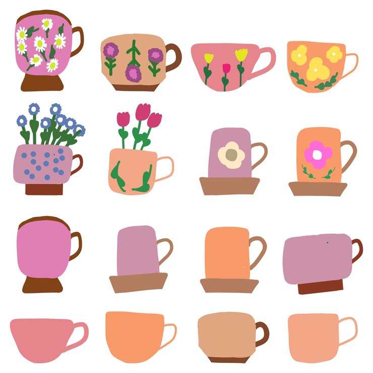 Vector un juego de tazas decoradas con flores y tazas limpias.