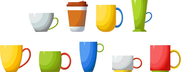 Vector un juego de tazas de té y café multicolores sobre un fondo blanco.