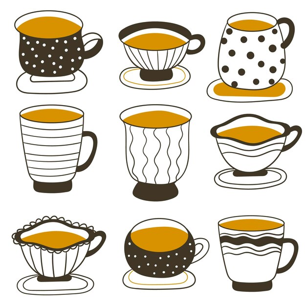 Juego de tazas de té vintage. Tazas de té y café. Ilustración vectorial