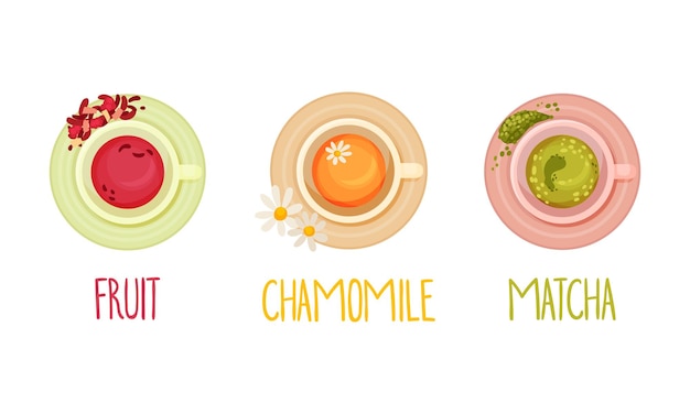 El juego de té aromático caliente vista superior de la taza de té con fruta de manzana matcha ilustración vectorial de té