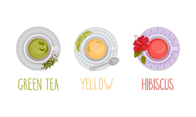 El juego de té aromático caliente vista superior de la taza de té con ilustración vectorial de té de hibisco amarillo verde