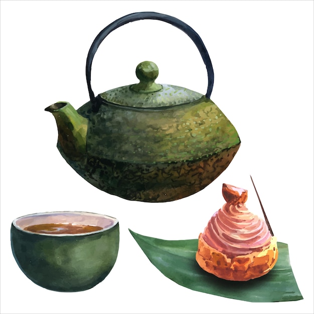 Juego de té asiático acuarela con tetera verde dack, taza de té verde y cupcakes japoneses con cereza.