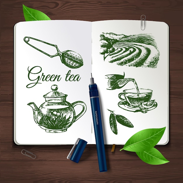 Vector juego de té de boceto dibujado a mano.conjunto de identidad de vector sobre fondo de madera