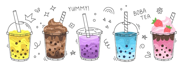 El juego de té de burbujas Las tazas de té deburbujas aisladas en una ilustración vectorial de fondo blanco